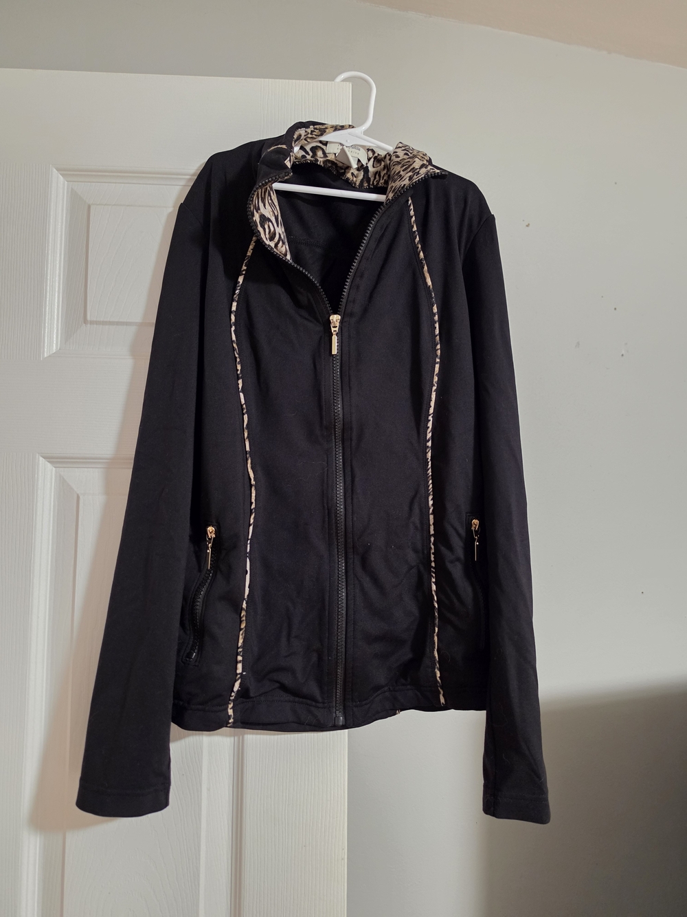 Neiman Marcus Black Zip Jacket with Leopard-Trim Accents